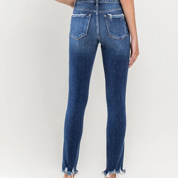 Flying Monkey High Rise Side Slit Frayed Hem Ankle Skinny Dark Wash Jeans - Picture 2 of 8